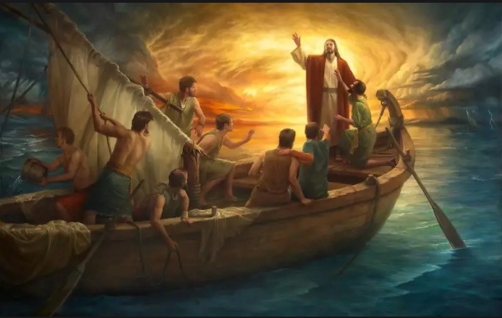 Картина  Иисус в море с учениками 21*30 (ЛН)